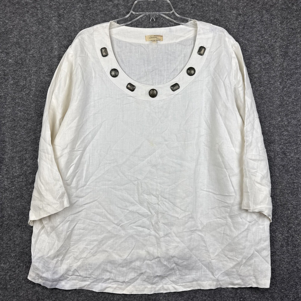 Choices Women's 3X White Pendants Linen‎ 3/4 Sleeve Top Woman